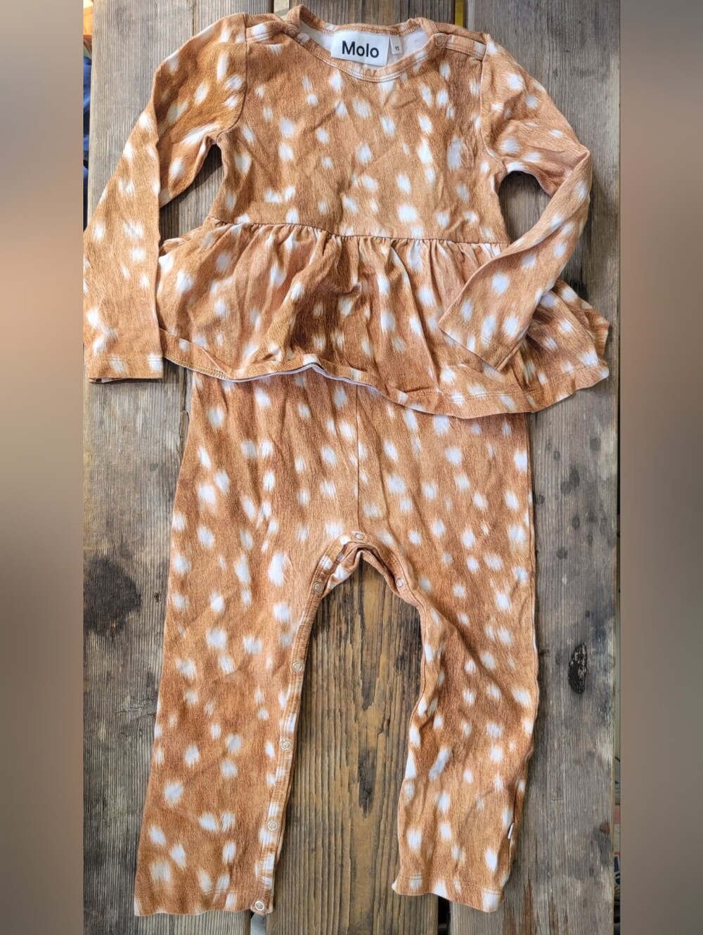 MOLO SZ 2Y VGUC BROWN w/ WHITE DOTS DEER 🦌 print) print 1pc Skirted coverall